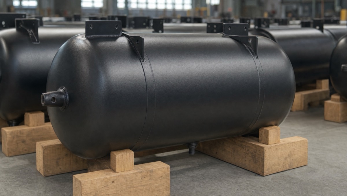 Combined freight air reservoir on a pallet in the Vineland Manufacturing plant, St. Catharines