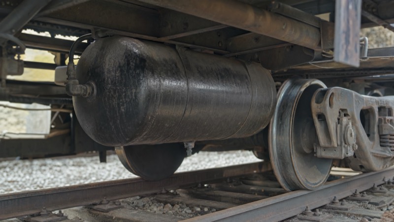 Vineland air reservoir mounted under a freight rail car